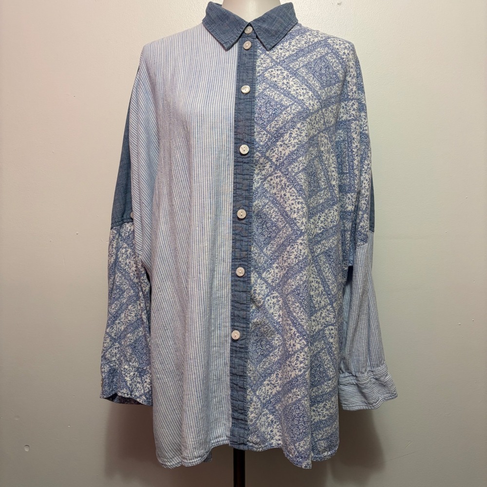 American Eagle Patchwork Button Down Shirt Large … - image 2